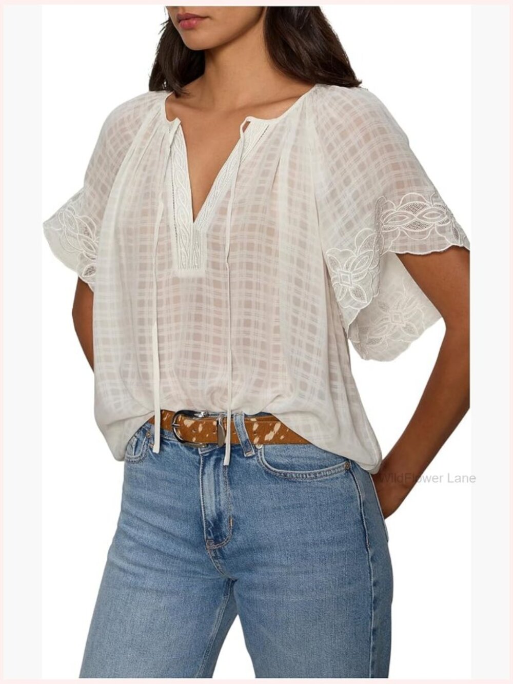 Embroidered V-Neck Short Sleeve Blouse Relaxed Fit Pull-On